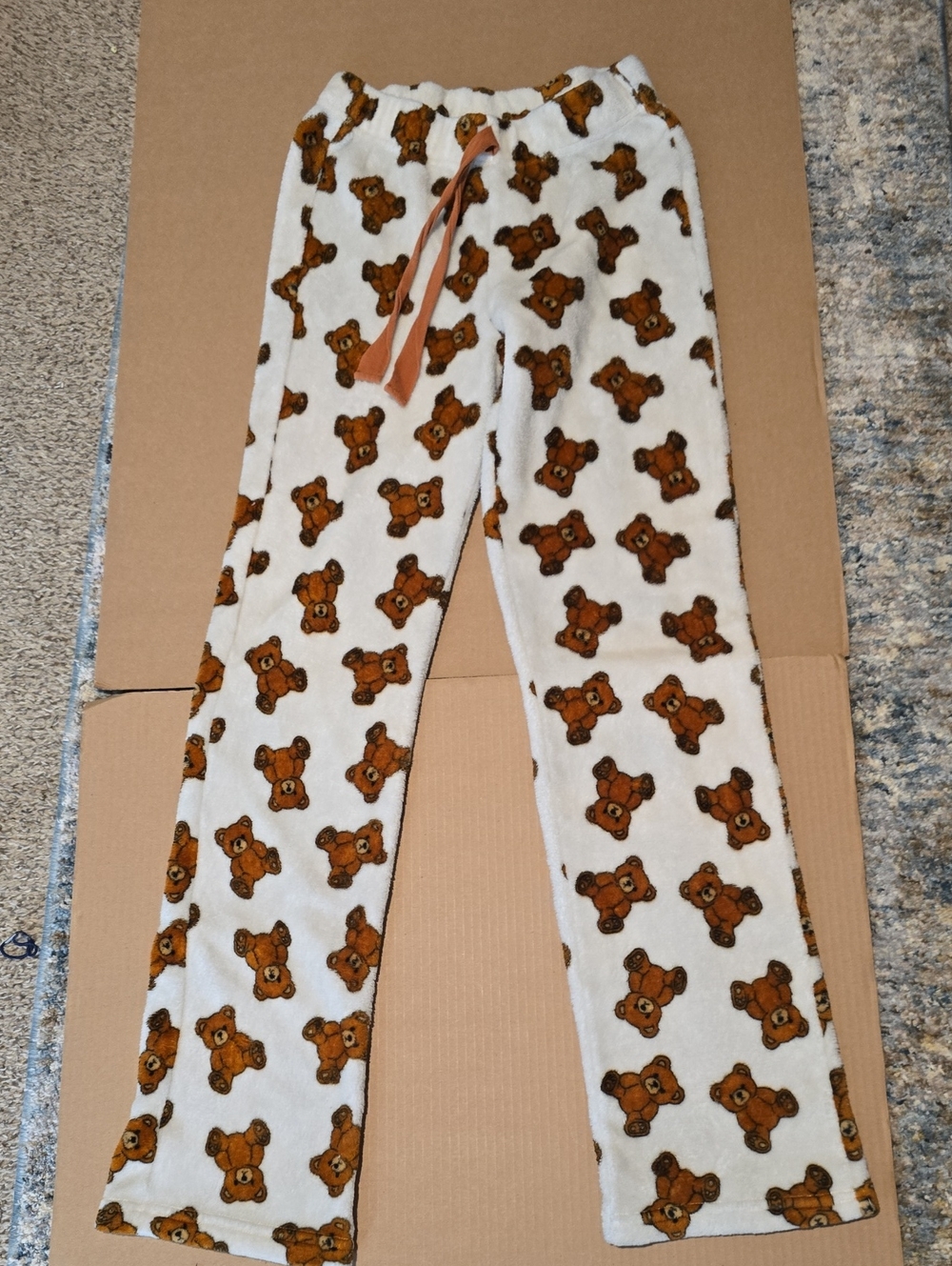 Bear Print Cozy Fleece Lounge Pants - Cream & Brown #80